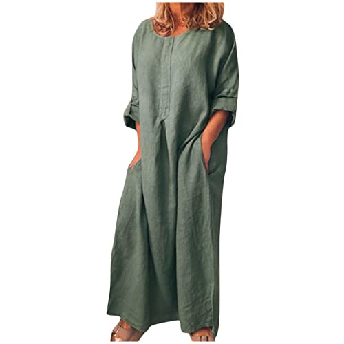 FUPODD Maxikleid Damen Elegant Rundhals Sommerkleider Damen Leicht Und Luftig Weite Sommerkleid Damen Lang Dünne Schöne Kleider Damen Dreiviertel Ärmel Schick Casual Strandkleid Gerader Schnitt von FUPODD