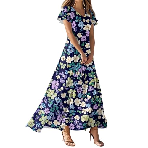 FUPODD Maxikleid Damen Sommer Muster Bedruckt Blumen Gedruckt Sommerkleider Damen Leicht Und Luftig Chiffon Böhmisches Böhmisches Strand Casual Freizeit Lässig Party Alltag Oben Eng Unten Locker von FUPODD