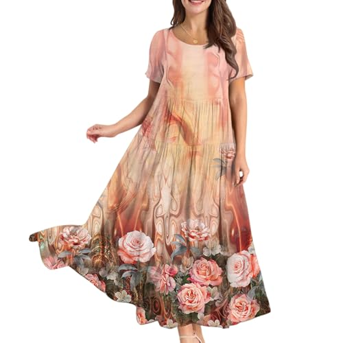 FUPODD Maxikleider Damen Sommer Hohe Taille Sommerkleid Blumenmuster Kleider Luftiges Tunika Kleid Flatterndem Ibiza Sommerkleider Leicht Und Luftig Strandkleid Grosse Grössen Blusenkleid Oversize von FUPODD