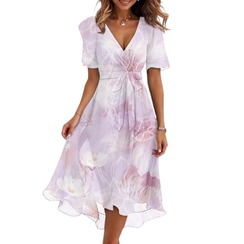 FUPODD Midikleid Damen Sommer Elegant Musselin Kleid Langes Sommerkleider Vorne Kurz Hinten Lang Strandkleider Sommerkleid Damen Leicht Cocktailkleid Elegante Kleider Festliche Für Hochzeitsgäste von FUPODD