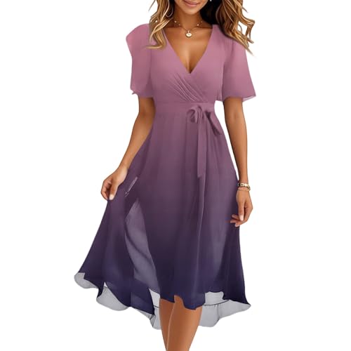 FUPODD Midikleid Damen Sommer Elegant Sommerkleider Abschlusskleid Vorne Kurz Hinten Lang Musselin Kleid Langes Strandkleider Sommerkleid Damen Leicht Elegante Kleider Festliche Für Hochzeitsgäste von FUPODD