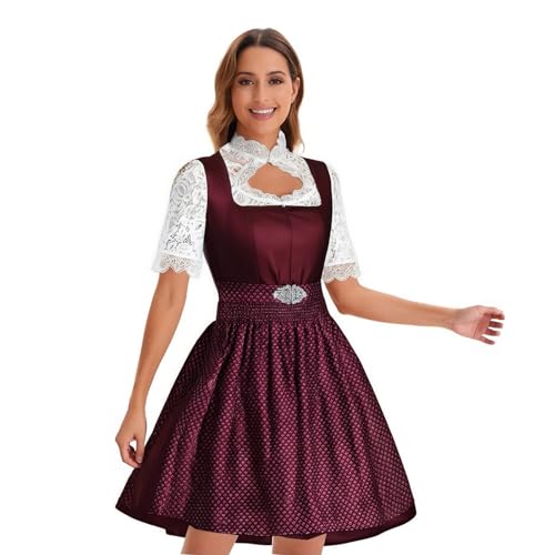 FUPODD Oktoberfest Damen Outfit Dirndl Ohne Schnürung Dirndl Rot Dirndlschürze Trachten Oberteil 70 cm Rocklänge Modern Geschenk Umstandsdirndl Trachtenkleid Billig Dirndlkleid Für Mollige Weinrot von FUPODD