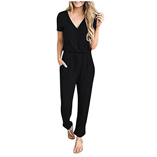 FUPODD Overall Damen Elegant Hosenanzüge für Damen Hosenanzug Damen Elegant Jumpsuit Damen Sommer Lang Kurzarm Overall Mit Taschen Und V-Ausschnitt Latzhose Arbeitskleidung Playsuits Plus Size von FUPODD