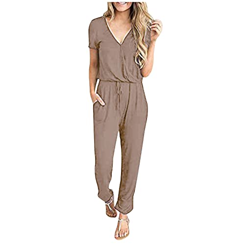 FUPODD Overall Damen Elegant Hosenanzüge für Damen Hosenanzug Damen Elegant Jumpsuit Damen Sommer Lang Kurzarm Overall Mit Taschen Und V-Ausschnitt Latzhose Arbeitskleidung Playsuits Plus Size von FUPODD
