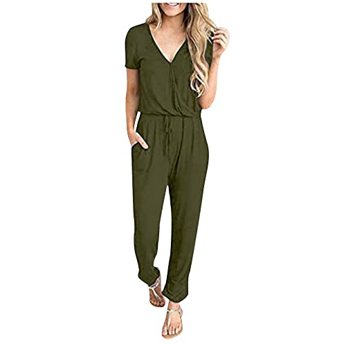 FUPODD Overall Damen Elegant Hosenanzüge für Damen Hosenanzug Damen Elegant Jumpsuit Damen Sommer Lang Kurzarm Overall Mit Taschen Und V-Ausschnitt Latzhose Arbeitskleidung Playsuits Plus Size von FUPODD