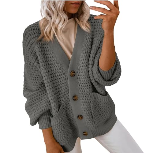 FUPODD Pullover & Strickjacken Für Damen Winter Warme Gefütterte Strickjacke Damen Trachten Damenstrickjacke Mit Knöpfen Warm Cardigan Kurz Dicke Grobstrickjacke Casual Strickmantel Elegant Winter von FUPODD