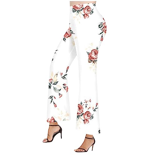 FUPODD Schlaghose Damen 70er Blumen Hose Damen Elegant High Waist Stretch Schnittmuster Hosen mit Weitem Bein Blumenmuster Culottes Hosen Sommer Vintage Freizeithose mit Gummibund von FUPODD