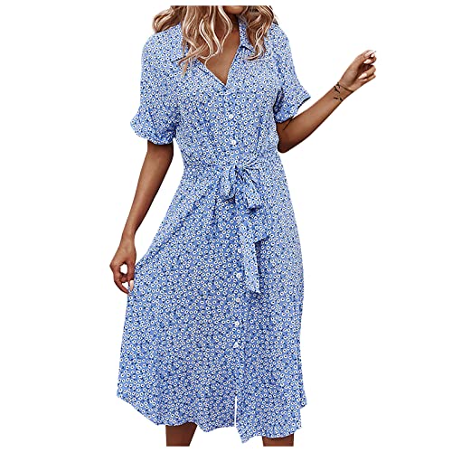 FUPODD Shirtkleid Damen Midi Blumenkleid Tunika Kleid V Ausschnitt Blusenkleid Damen mit Gürtel Hemdblusenkleid Elegant Sommerkleider Damen Leicht Und Luftig Casual Kleider Damen Schick Strandkleid von FUPODD