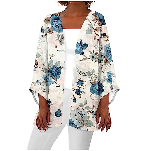 FUPODD Sommer Cardigan Damen Leicht Herbst Musselin Bluse Damen Pullover & Strickjacken für Damen Modern Chiffon Cardigan Übergangsjacke Blumen Print Offene Front Jacke von FUPODD
