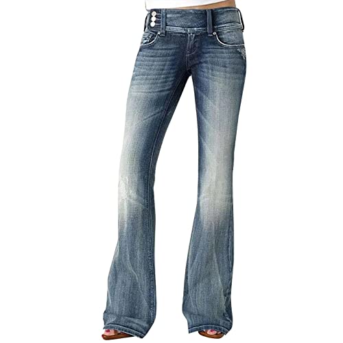 FUPODD Sommer Jeans Damen Leicht Schlaghose Jeanhose Elegant Boyfriend Jeans Damen Mid Waist Jeanhosen Vintage Flared Jeanhose Mit Knöpfen An Der Seite Schlag Hosen Frauen Große Größen von FUPODD