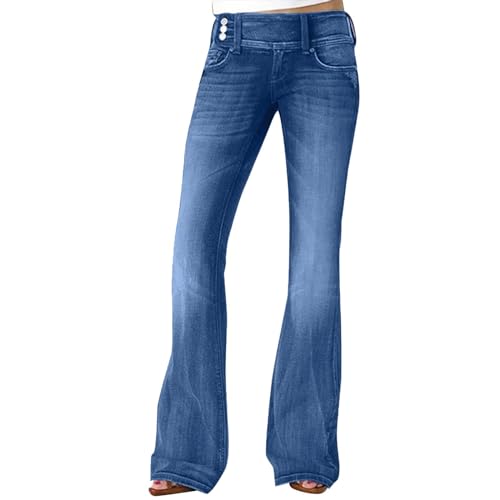 FUPODD Sommer Jeans Damen Leicht Schlaghose Jeanhose Elegant Boyfriend Jeans Damen Mid Waist Jeanhosen Vintage Flared Jeanhose Mit Knöpfen An Der Seite Schlag Hosen Frauen Große Größen von FUPODD