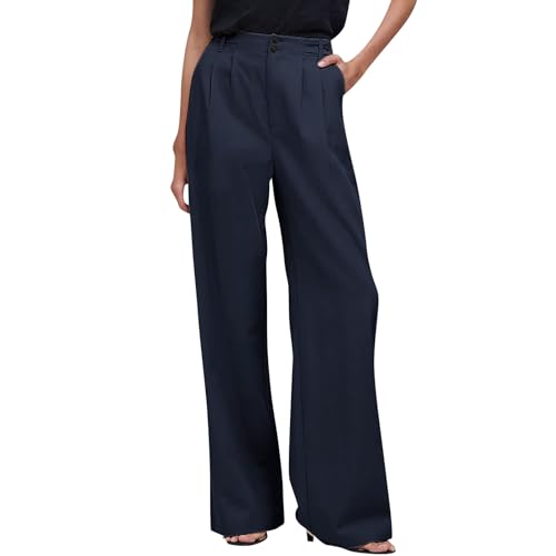 FUPODD Sommerhose Damen Lang Anzughose Damen Elegant Marlenehose Weites Bein Arbeitshose High Waist Palazzo Hose Mit Knöpfen Business Hosen Bequeme Freizeithose Leicht Und Luftig Schlupfhose von FUPODD