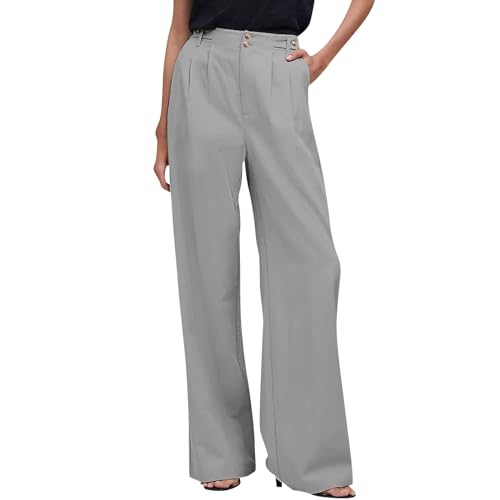 FUPODD Sommerhose Damen Lang Anzughose Damen Elegant Marlenehose Weites Bein Arbeitshose High Waist Palazzo Hose Mit Knöpfen Business Hosen Bequeme Freizeithose Leicht Und Luftig Schlupfhose von FUPODD