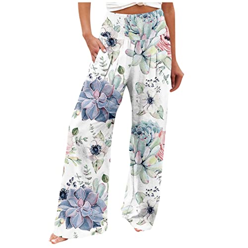 FUPODD Sommerhose Damen Lang Stoffhose Palazzo Hose Hohe Taile Marlenehose Breite Bein Luftig Hosen Damen Sommer Blumen Strandhose Elastisch Bund Freizeithose Mit Taschen Lounge Hose Elegant von FUPODD