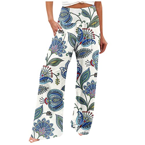 FUPODD Sommerhose Damen Lang Stoffhose Palazzo Hose Hohe Taile Marlenehose Breite Bein Luftig Hosen Damen Sommer Blumen Strandhose Elastisch Bund Freizeithose Mit Taschen Lounge Hose Elegant von FUPODD