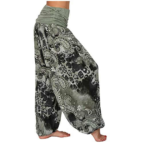 FUPODD Sommerhose Damen Leicht Haremshose Damen Sommer Druckn Pumphose Baggy Aladinhose Pluderhose Bequeme Schlabberhose Vintage High Waist Hosen mit Gummizug Yogahose Flatterhose Luftige von FUPODD