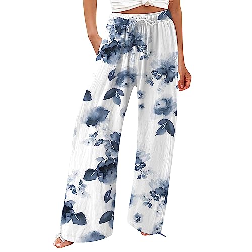 FUPODD Sommerhose Damen Leicht Hosen Sommer Lang Weites Bein Schlaghose Stoff Große Größen Gestreifte Wickelhose Schnittmuster Marlenehose Damen Elegant Hohe Taille Freizeithosen mit Gummizug von FUPODD