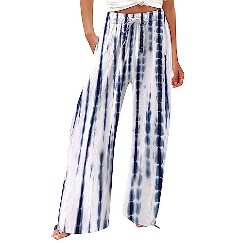 FUPODD Sommerhose Damen Leicht Hosen Sommer Lang Weites Bein Schlaghose Stoff Große Größen Gestreifte Wickelhose Schnittmuster Marlenehose Damen Elegant Hohe Taille Freizeithosen mit Gummizug von FUPODD