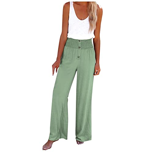 FUPODD Sommerhose Damen Leicht Marlenehose High Waist Palazzo Hose Weites Bein Stoffhose Bequeme Business Hosen Elegant Culottes Hosen Mit Gummizug Freizeithose Mit Knöpfen Anzughose von FUPODD