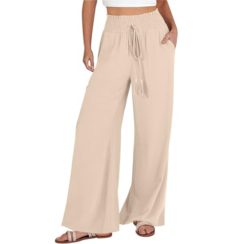 FUPODD Sommerhose Damen Leicht Palazzo Hose Damen Sommer Stoffhose High Waist Marlenehose Elegant Luftig Hose Weites Bein Freizeithose Mit Tunnelzug Und Taschen Business Hosen Frau Einfarbig von FUPODD