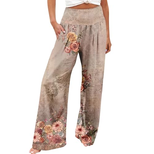 FUPODD Sommerhose Damen Leicht Palazzo Hose Damen Sommer Stoffhose High Waist Marlenehose Weites Bein Strandhose Blumen Freizeithose Elegant Schlupfhose Mit Taschen Lounge Hose Mit Gummizug von FUPODD