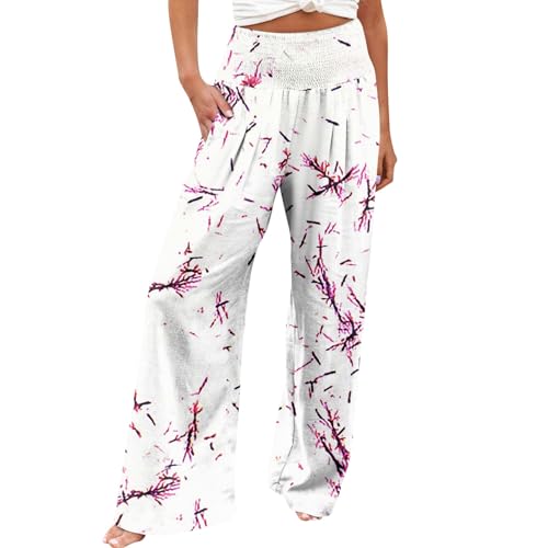FUPODD Sommerhose Damen Leicht Palazzo Hose Damen Sommer Stoffhose High Waist Marlenehose Weites Bein Strandhose Blumen Freizeithose Elegant Schlupfhose Mit Taschen Lounge Hose Mit Gummizug von FUPODD