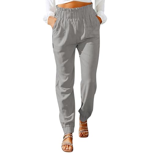 FUPODD Sommerhose Damen Leicht Stoffhose Damen Sommer Jogginghose Hohe Taile Arbeitshose Elastisch Bund Freizeithose Einfarbig Sporthose Mit Bündchen Baumwollhose Frauen Elegant von FUPODD