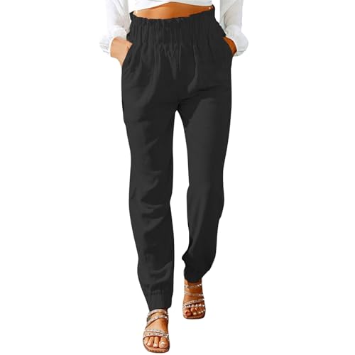 FUPODD Sommerhose Damen Leicht Stoffhose Damen Sommer Jogginghose Hohe Taile Arbeitshose Elastisch Bund Freizeithose Einfarbig Sporthose Mit Bündchen Baumwollhose Frauen Elegant von FUPODD