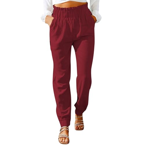 FUPODD Sommerhose Damen Leicht Stoffhose Damen Sommer Jogginghose Hohe Taile Arbeitshose Elastisch Bund Freizeithose Einfarbig Sporthose Mit Bündchen Baumwollhose Frauen Elegant von FUPODD
