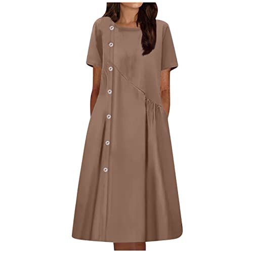 FUPODD Sommerkleid Damen Elegant Häkel Spitze Midi Kleid Damen Sommer Halbarm High Waist Damenkleider mit Taschen Sommerkleider Leicht Und Luftig Midikleid Lang Einfaches Kleider Plissee mit Knpfen von FUPODD