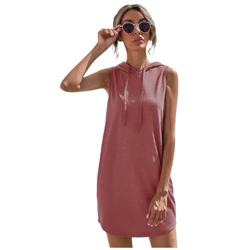 FUPODD Sommerkleid Damen Kurz Ärmellos Kleider Damen Sportlich Jerseykleid Damen Mit Kapuze Minikleid Freizeit Einfarbig Sommerkleider Damen Leicht Und Luftig Locker Strandkleid Damen Gerader Schnitt von FUPODD