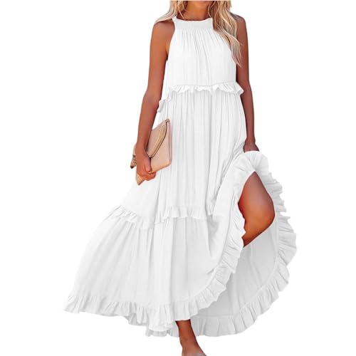 FUPODD Sommerkleid Damen Lang Elegant Kleider Damen Sommer Ärmellos Maxikleid Damen Rüschen Schwingen Sommerkleider Damen Leicht Und Luftig Partykleid Damen Schick Plissee Strandkleid Damen Locker von FUPODD