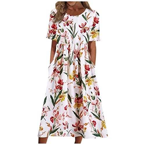 FUPODD Sommerkleid Damen Lang Elegant Kleider Damen Sommer Locker Maxikleid Damen Schick Tshirt Kleid Kurzarm Casual Sommerkleider Damen Leicht Und Luftig Strand Blumenkleid Damen mit Taschen von FUPODD