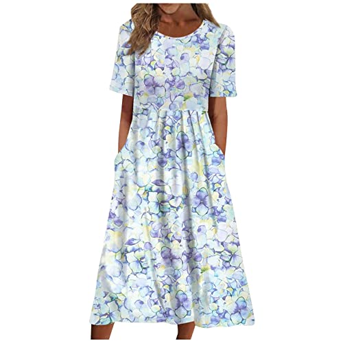 FUPODD Sommerkleid Damen Lang Elegant Kleider Damen Sommer Locker Maxikleid Damen Schick Tshirt Kleid Kurzarm Casual Sommerkleider Damen Leicht Und Luftig Strand Blumenkleid Damen mit Taschen von FUPODD
