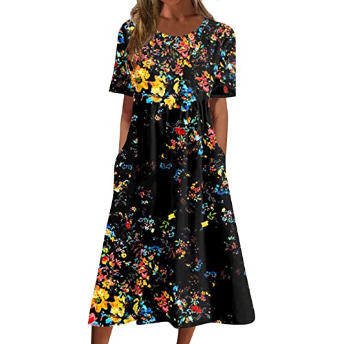 FUPODD Sommerkleid Damen Lang Elegant Kleider Damen Sommer Locker Maxikleid Damen Schick Tshirt Kleid Kurzarm Casual Sommerkleider Damen Leicht Und Luftig Strand Blumenkleid Damen mit Taschen von FUPODD