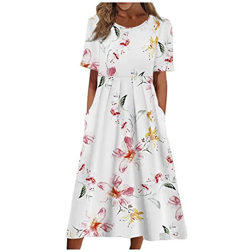 FUPODD Sommerkleid Damen Lang Elegant Kleider Damen Sommer Locker Maxikleid Damen Schick Tshirt Kleid Kurzarm Casual Sommerkleider Damen Leicht Und Luftig Strand Blumenkleid Damen mit Taschen von FUPODD