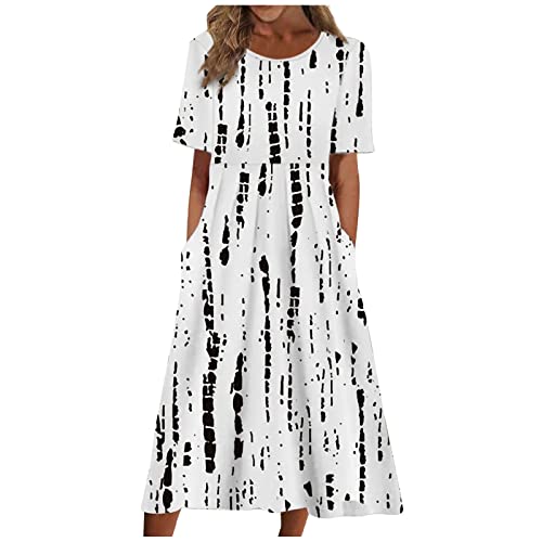 FUPODD Sommerkleid Damen Lang Elegant Kleider Damen Sommer Locker Maxikleid Damen Schick Tshirt Kleid Kurzarm Casual Sommerkleider Damen Leicht Und Luftig Strand Blumenkleid Damen mit Taschen von FUPODD