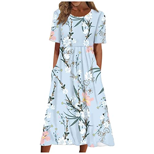 FUPODD Sommerkleid Damen Lang Elegant Kleider Damen Sommer Locker Maxikleid Damen Schick Tshirt Kleid Kurzarm Casual Sommerkleider Damen Leicht Und Luftig Strand Blumenkleid Damen mit Taschen von FUPODD