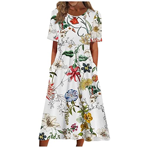 FUPODD Sommerkleid Damen Lang Elegant Kleider Damen Sommer Locker Maxikleid Damen Schick Tshirt Kleid Kurzarm Casual Sommerkleider Damen Leicht Und Luftig Strand Blumenkleid Damen mit Taschen von FUPODD