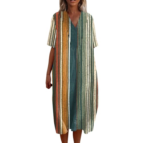 FUPODD Sommerkleid Damen Lang Kleider Damen Sommer Strandkleid Boho Tunika Kleid Sommerkleider Leicht Und Luftig Leinenkleid Sommer Strandkleider Blusenkleid Elegante Maxikleid Elegant Umstandskleid von FUPODD