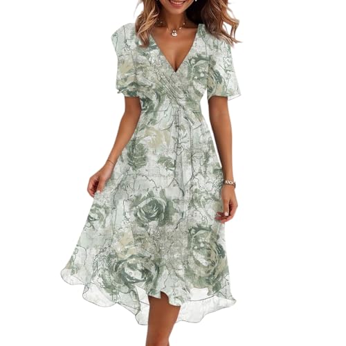 Sommerkleid Damen Lang Mit Ärmeln Geblümt Kleid Schwingendes Elegantes Kleider Party Blumenmuster Mode Sommerkleider Muster Bedruckt Strandkleid Bunt Farbblock Damenkleider Leichtes Luftiges von FUPODD