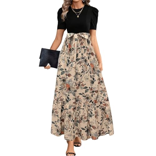 Sommerkleid Damen Lang Mit Ärmeln Kleid Schwingendes Puffärmel Elegantes Kleider Blumenmuster Geblümt Sommerkleider Muster Bedruckt Strandkleid Bunt Farbblock Damenkleider Leichtes Luftiges von FUPODD