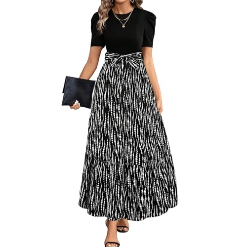 Sommerkleid Damen Lang Mit Ärmeln Kleid Schwingendes Puffärmel Elegantes Kleider Blumenmuster Geblümt Sommerkleider Muster Bedruckt Strandkleid Bunt Farbblock Damenkleider Leichtes Luftiges von FUPODD