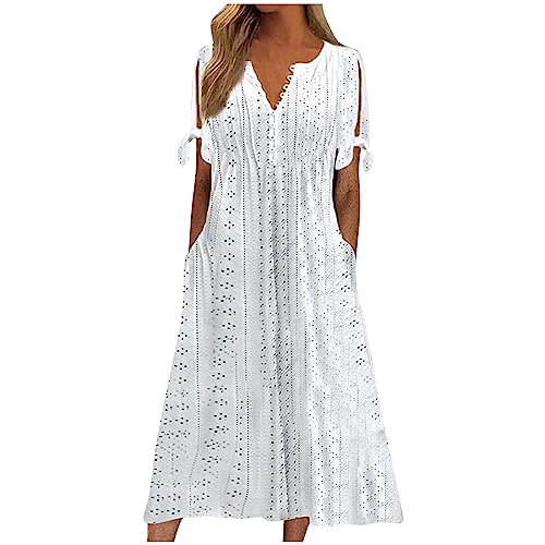 FUPODD Sommerkleid Damen Lang mit Taschen Maxikleid Damen Schulterfrei V Ausschnitt Partykleid Damen Locker Freizeit Sommerkleider Damen Leicht Und Luftig Alltag Elegant Strandkleid mit Öse von FUPODD