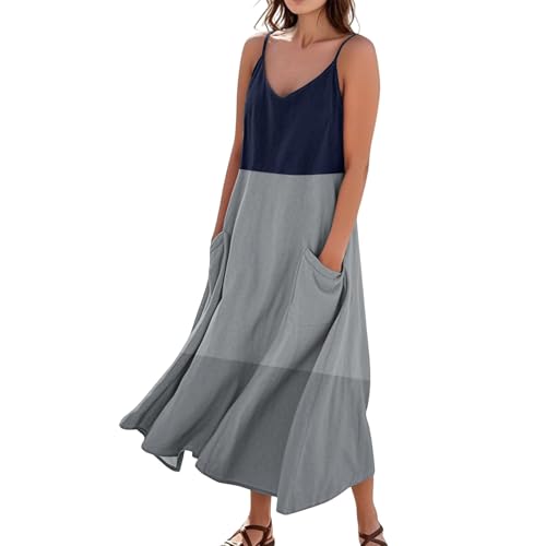 FUPODD Sommerkleid Damen Leicht Und Luftig Elegante Kleider Ärmelloses Summer Dress Schwingen Langes Sommerkleid Blumenmuster Schöne Leinenkleid Alltag Leinen Baumwolle Strandkleid Luftig Lockere von FUPODD