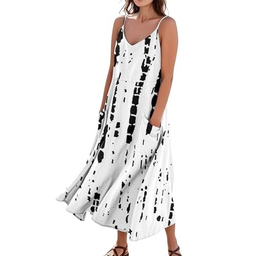 FUPODD Sommerkleid Damen Leicht Und Luftig Elegante Kleider Ärmelloses Summer Dress Schwingen Langes Sommerkleid Blumenmuster Schöne Leinenkleid Alltag Leinen Baumwolle Strandkleid Luftig Lockere von FUPODD