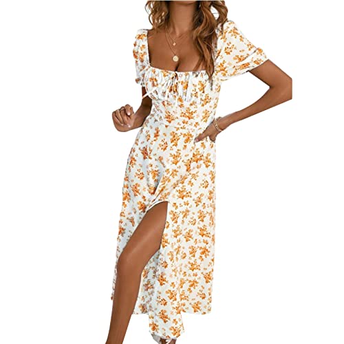 FUPODD Sommerkleid Damen Midi Kleid mit Schlitz Blumenkleid Damen Schicke Strandkleid Damen Corset Ballkleid Boho Kleid Damen Korsett Kleider Damen Festlich Elegant Bandeau Kleid Partykleid Damen von FUPODD