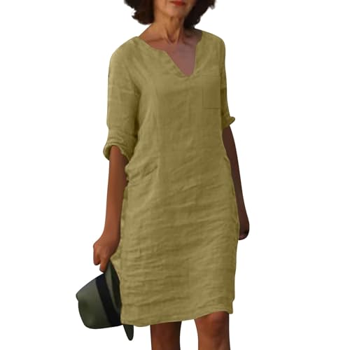 FUPODD Sommerkleid Damen Mittellange V Ausschnitt Strandkleid Mittellanges üBerknielang Kleid üBer Knie Halbarm Halber Arm Kurzarm Halbarm mit Ärmel Kleider mit Ärmeln Bestickt Häkel Spitze von FUPODD