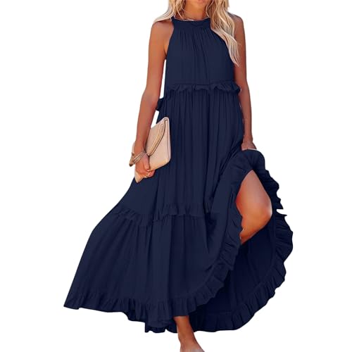 FUPODD Sommerkleid Damen Rüschen Schwingen Kleider Damen Locker Casual Strandkleid Damen Neckholder Partykleid Damen Einfarbig Sommerkleider Damen Leicht Und Luftig Schick Abendkleid Damen Elegant von FUPODD
