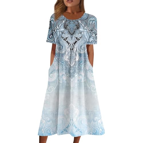 FUPODD Sommerkleider Damen Leicht Und Luftig Elegante Musselin Tunika Kleid Midi Sommer Blusenkleid Tshirt Kleider Elegant Langes Sommerkleid Midikleid Strandkleid Shirtkleid Damenkleider Vintage von FUPODD